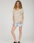 STRIPE V NECK CUFFED SHORT SLEEVE KNIT TOP: LIGHT KHAKI