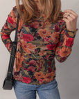 Floral Print Lettuce Trim Long Sleeve Mesh Top