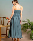 SHIRRED SLEEVELESS MIDI DRESS : LIGHT TEAL