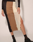 Colorblock Mesh Exposed-Seam Midi Skirt: BLACK-TAUPE-CREAM