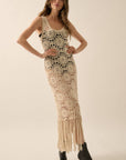 Crochet Knit Fringe-Hem Midi Tank Dress: NATURAL