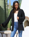 OPEN BRAID SLEEVE DETAIL COZY CARDIGAN SWEATER: BLACK