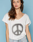 Dropped short sleeve studded peace emblem tee