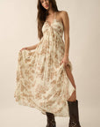 Floral-Print Crepe Tie-Back Halter Maxi Dress: TAUPE