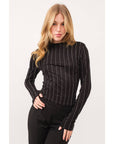IT2766- Pinstripe Rhinestone Mock Neck Long Sleeve Top: Black/Silver
