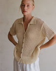 Knit Polyester Cotton Sweater Ribbed Shirt Top: Natural