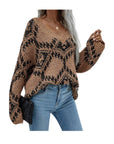 V NECK LOOSE FIT LONG SLEEVE SWEATER: CAMEL COMBO