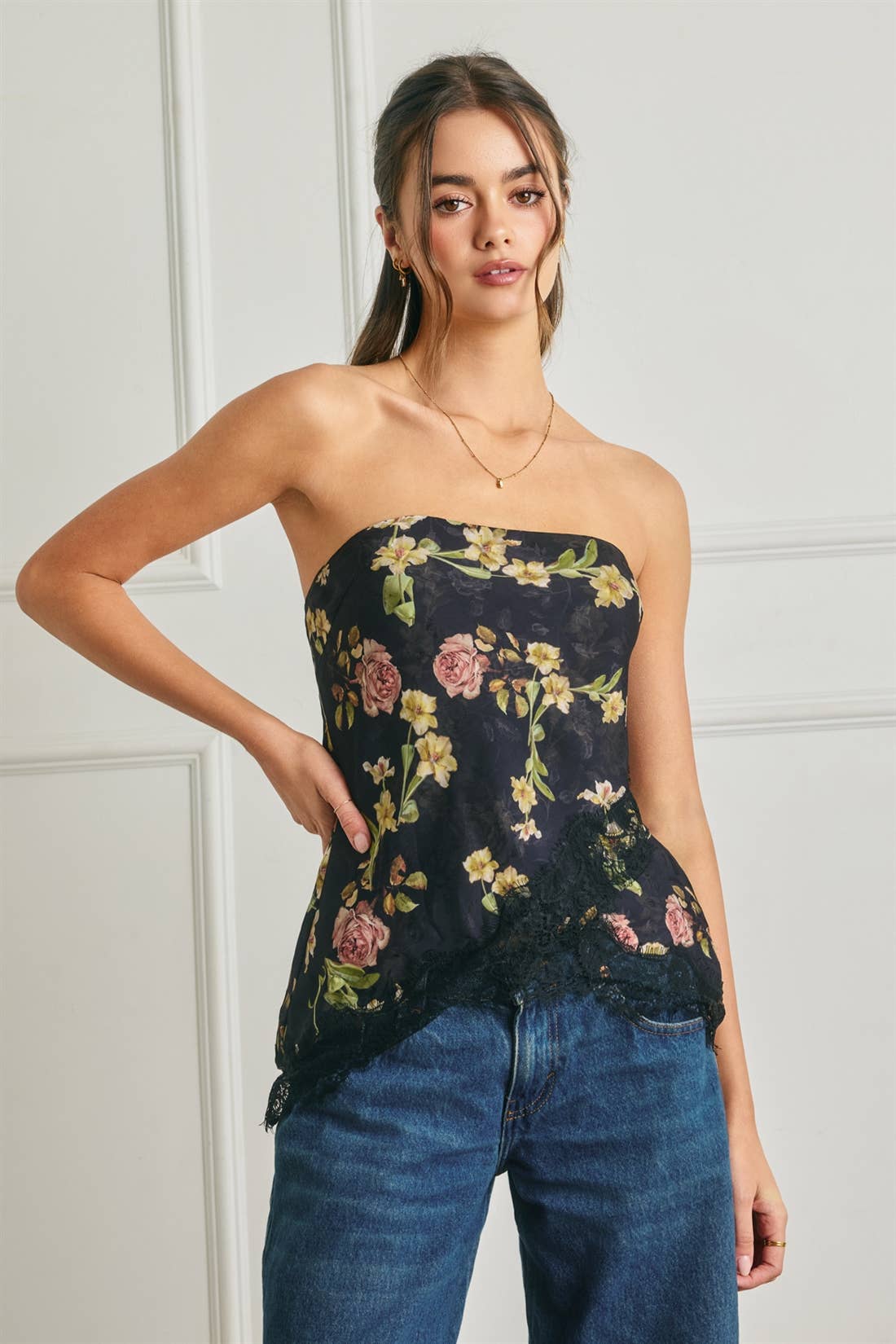Floral Asymmetrical Lace Hem Tube Top: BLACK