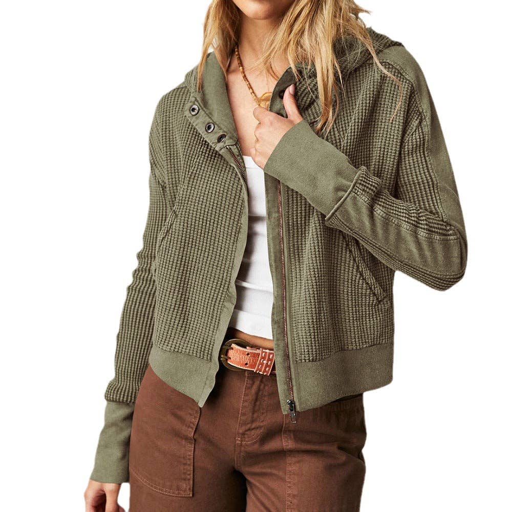 Hooded Zipper Sweater, Spliced Lazy Style Knitted Jacket: Green / S