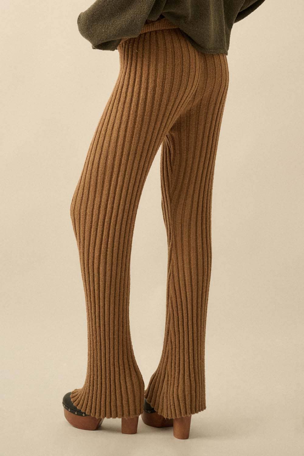 Textured Ribbed Knit Flare Sweater Pants: Taupe