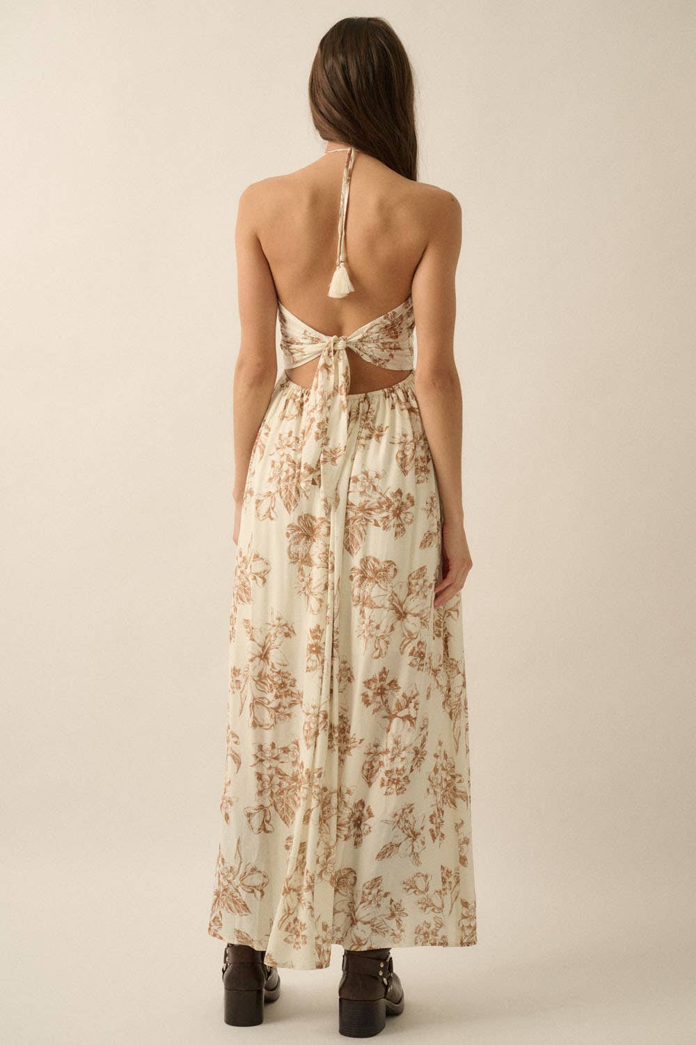 Floral-Print Crepe Tie-Back Halter Maxi Dress: TAUPE Floral-Print Crepe Tie-Back Halter Maxi Dress: TAUPE