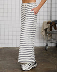 STRIPE DRAWSTRING WIDE LEG KNIT LOUNGE PANTS: NAVY