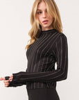 IT2766- Pinstripe Rhinestone Mock Neck Long Sleeve Top: Black/Silver