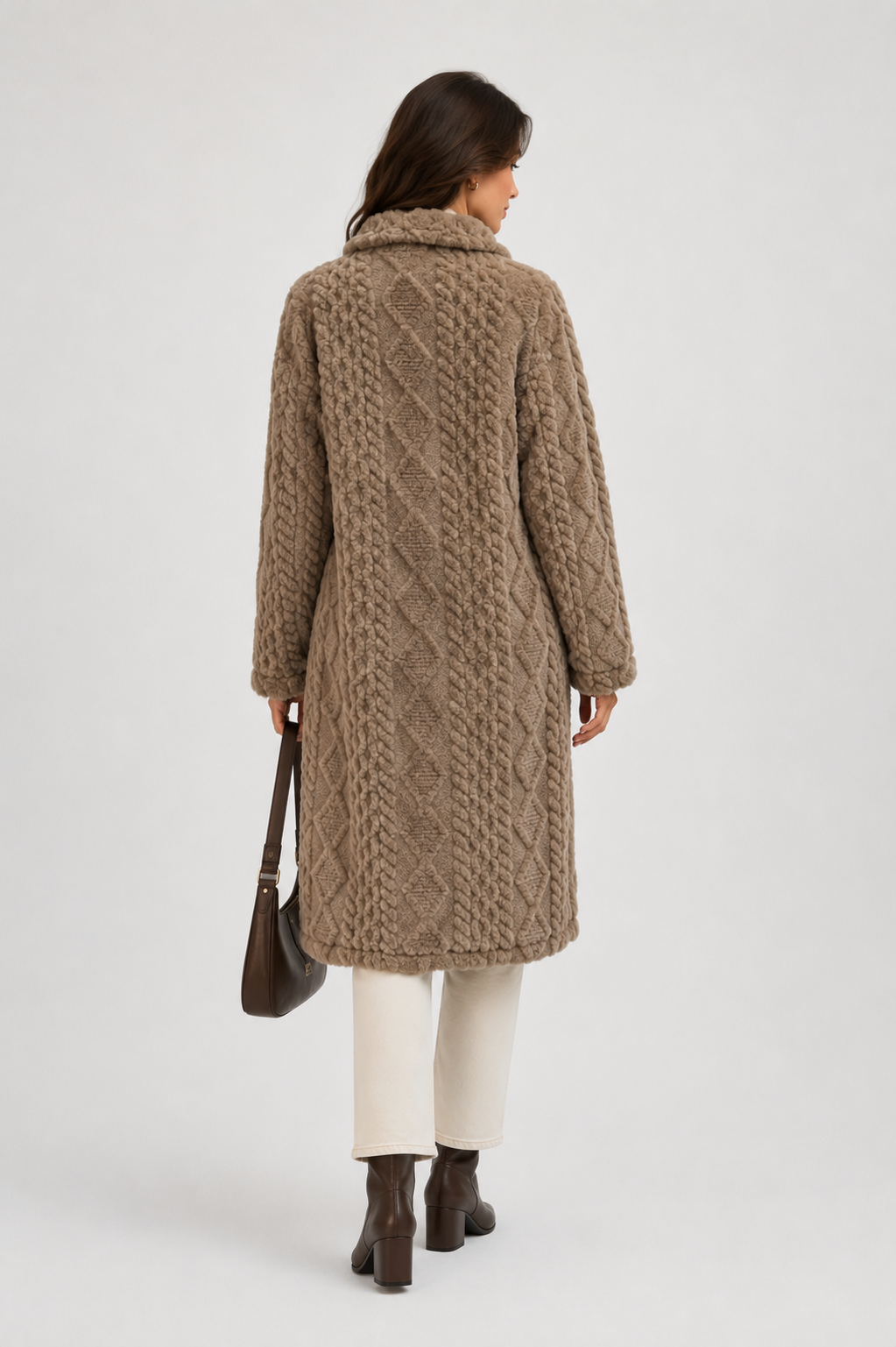 FJ0182: Quilted Sherpa Long Button Jacket: Coffee / S