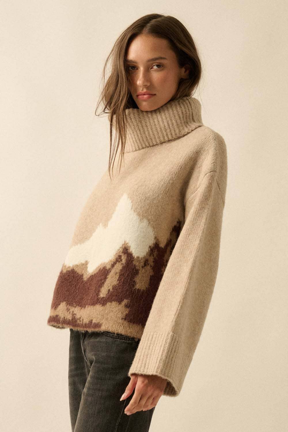 Mountains Fuzzy Jacquard-Knit Turtleneck Sweater: Heather Grey-Black