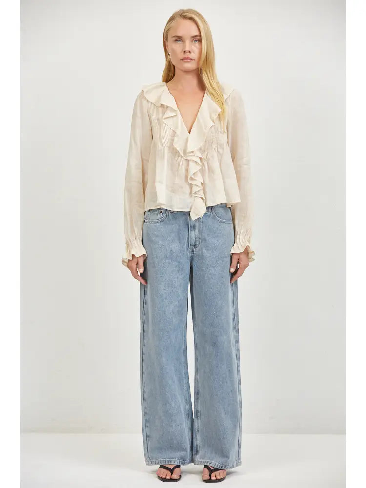 Linen V Neck Long Slv Top