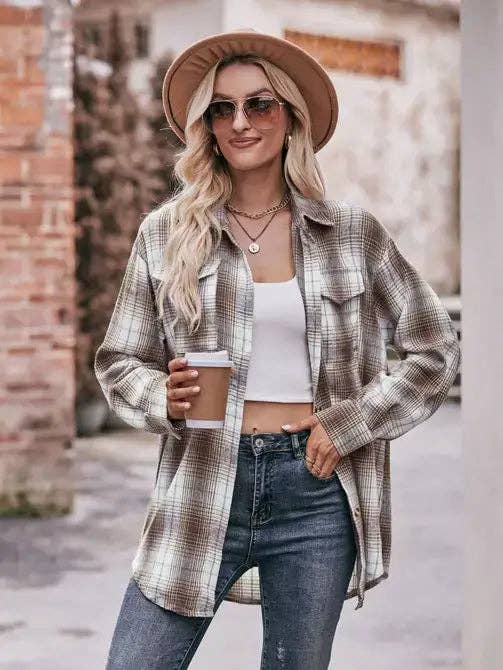 Women’s Caramel Plaid Oversized Flannel Button Down Shirt: Caramel / 100%Polyester / S
