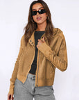 Hooded Zipper Sweater, Spliced Lazy Style Knitted Jacket: Brown / M