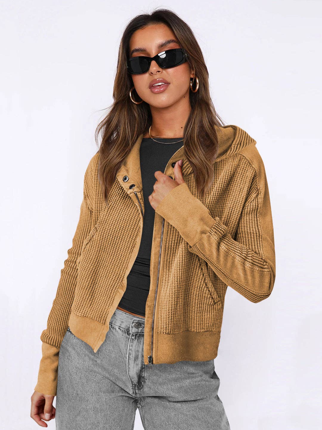 Hooded Zipper Sweater, Spliced Lazy Style Knitted Jacket: Black / S