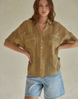 Cotton Crochet Button Down Short Sleeve Shirt Top: Olive Brown