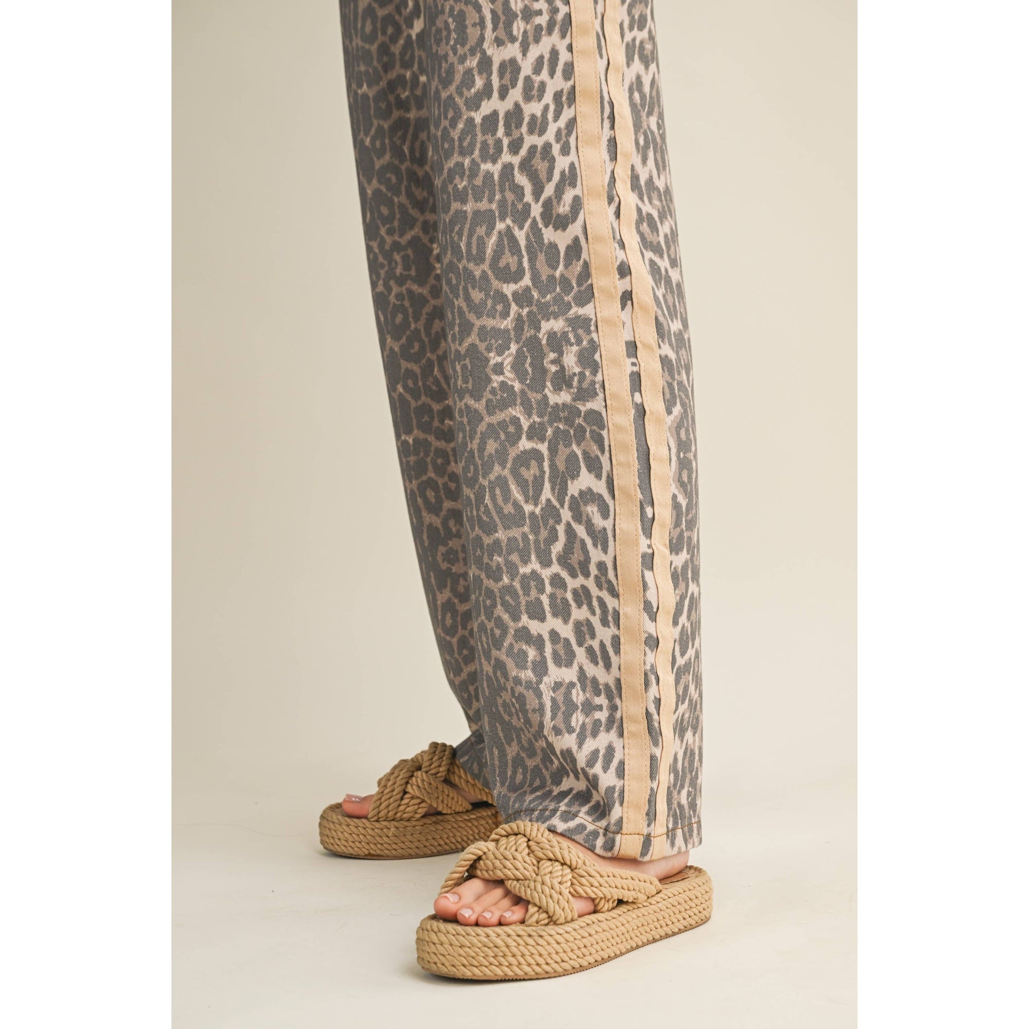 Luxe Leopard Relaxed Pants With Side Trim: LEOPARD/TAUPE
