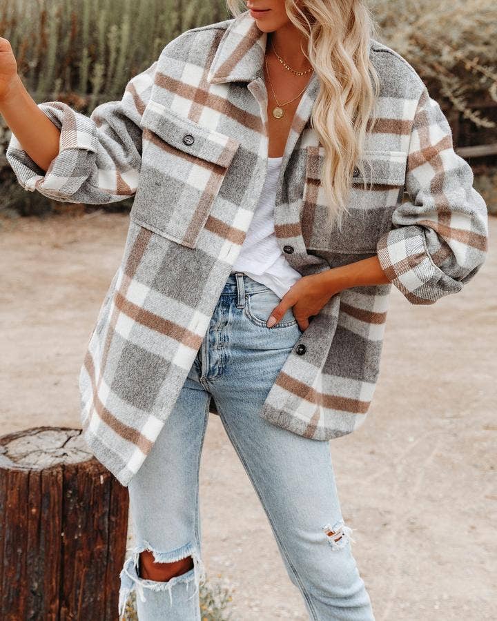 Women's Plaid Button Down Flannel Shirt Jacket – Cozy &amp; Stylish: Black and white grid / 100%Polyester / S