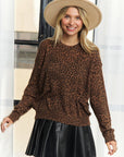 LEOPARD PRINT LONG SLEEVED CREW NECK TOP: BROWN