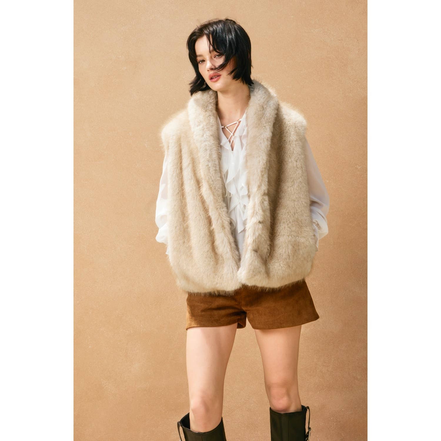 Snow Angel Collared Furry Vest: FRENCH STONE