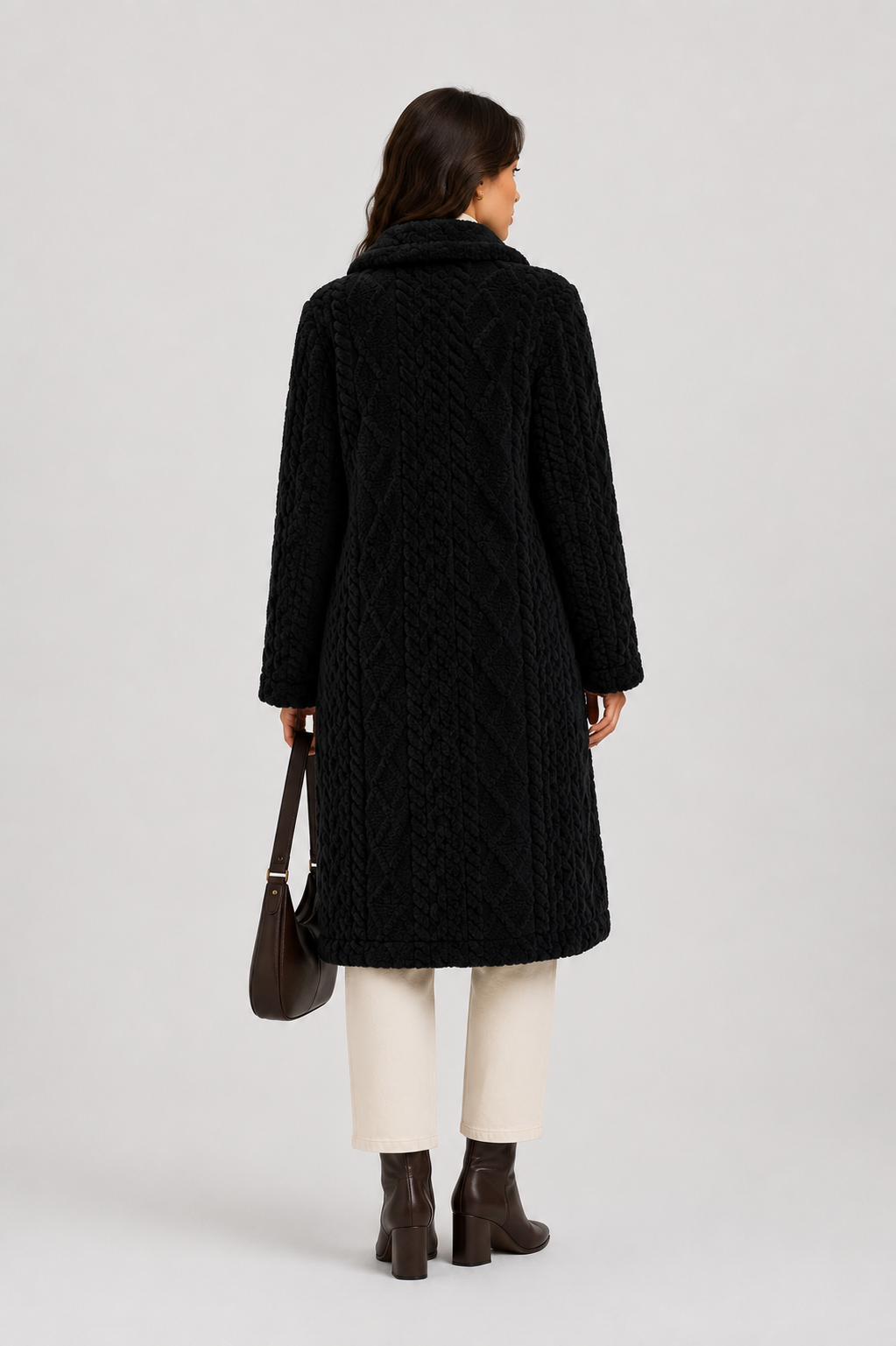 FJ0182: Quilted Sherpa Long Button Jacket: Coffee / S