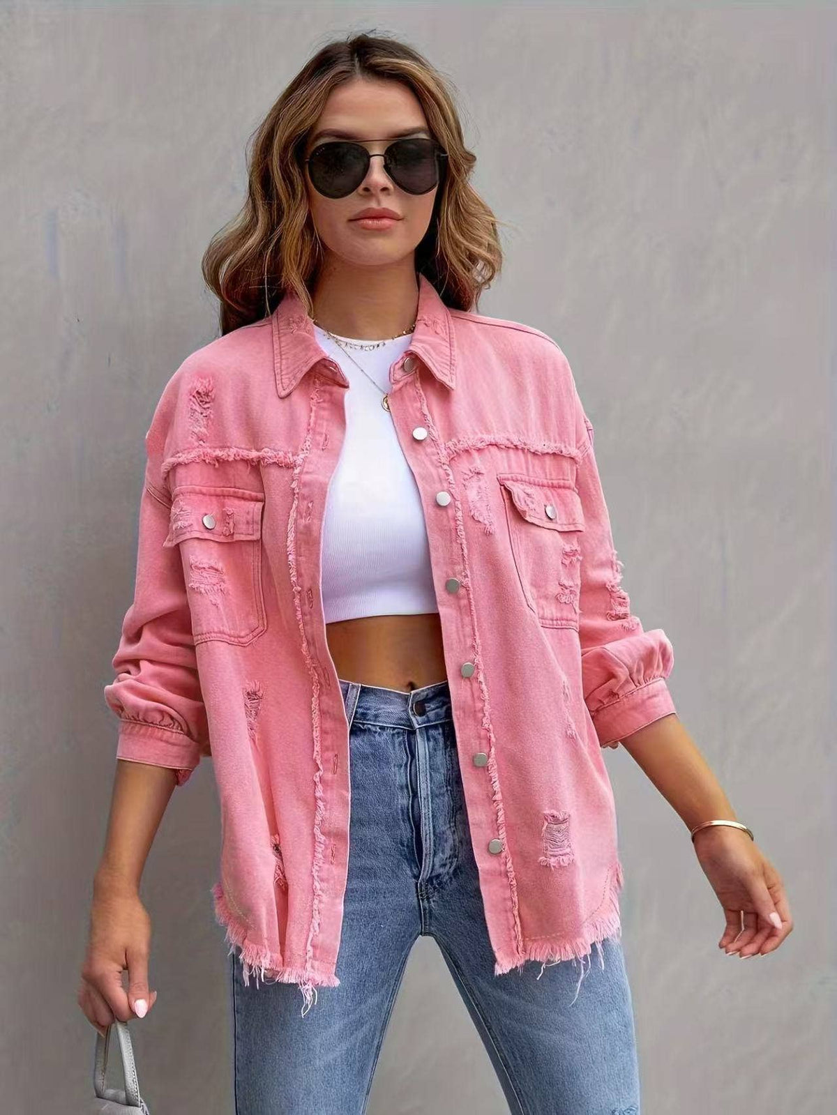 Hot Pink Distressed Denim Jacket Oversized Button Down: Khaki / 65% Cotton+35% Polyester / S