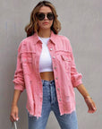 Hot Pink Distressed Denim Jacket Oversized Button Down: Light Gray / 65% Cotton+35% Polyester / L