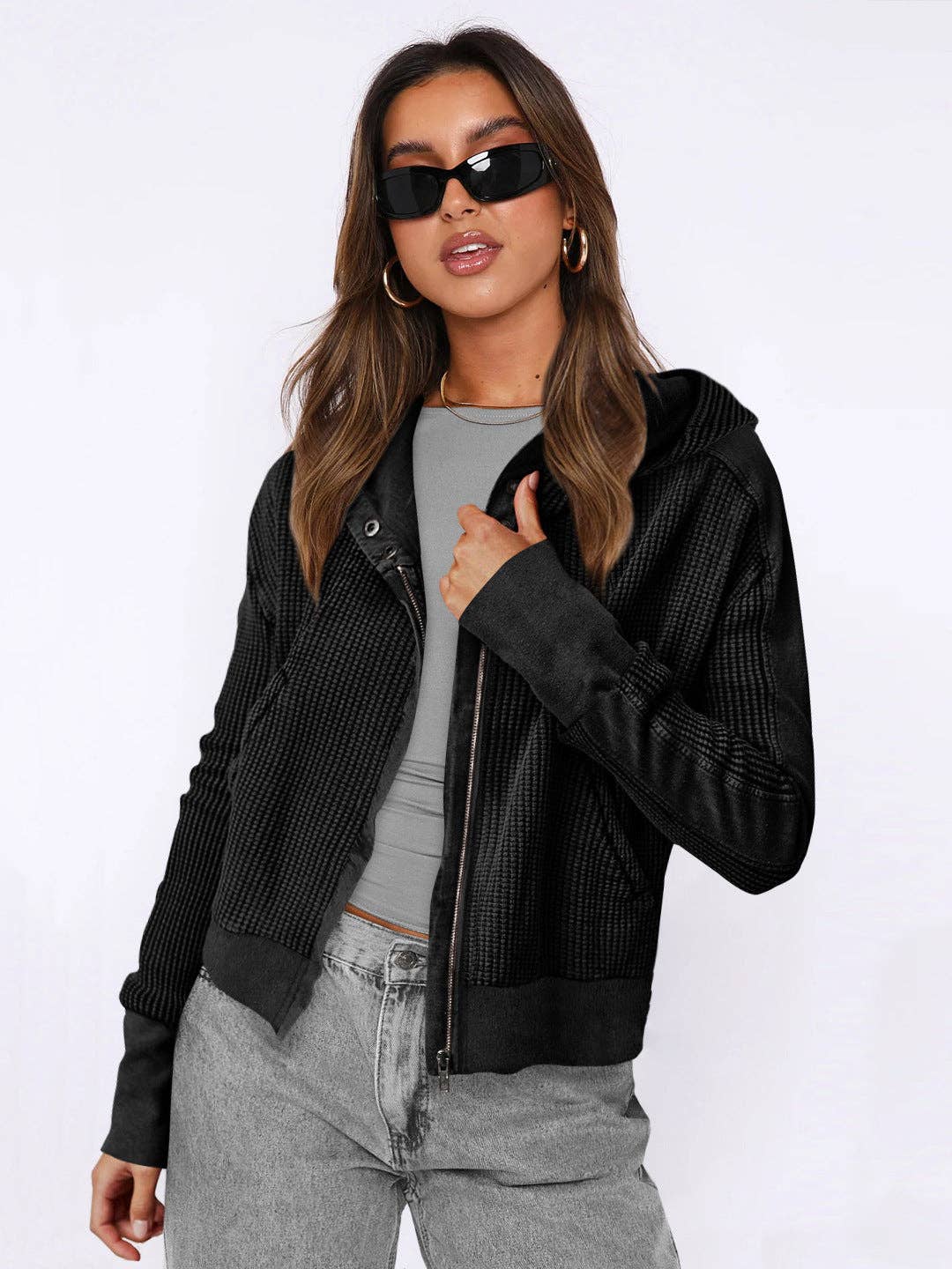 Hooded Zipper Sweater, Spliced Lazy Style Knitted Jacket: Green / M