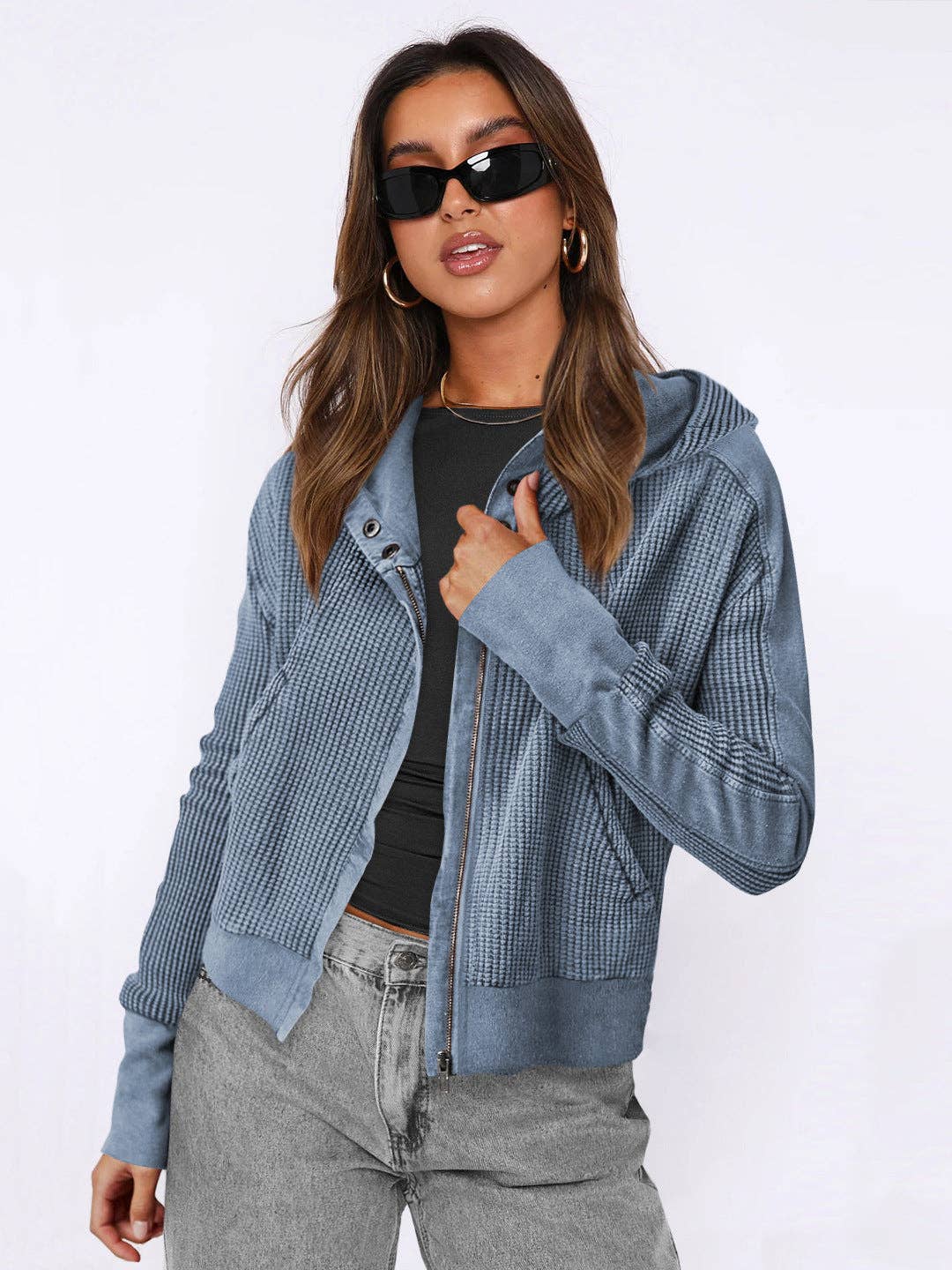 Hooded Zipper Sweater, Spliced Lazy Style Knitted Jacket: Brown / M