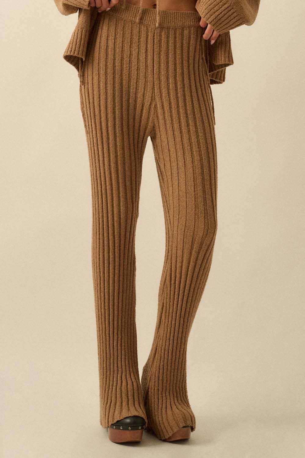 Textured Ribbed Knit Flare Sweater Pants: Taupe