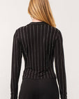 IT2766- Pinstripe Rhinestone Mock Neck Long Sleeve Top: Black/Silver
