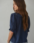 L8439 | Woven Cotton Buttondown V-Neck Short Sleeve Top: