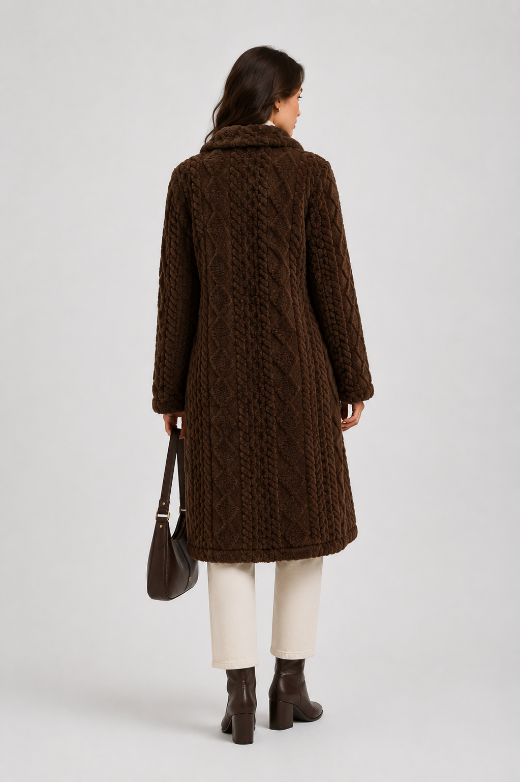 FJ0182: Quilted Sherpa Long Button Jacket: Coffee / S