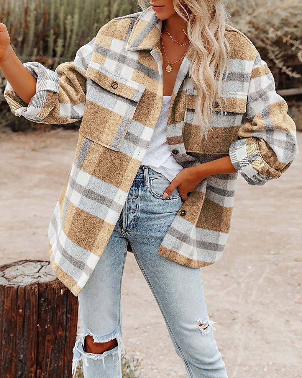 Women's Plaid Button Down Flannel Shirt Jacket – Cozy &amp; Stylish: Black and white grid / 100%Polyester / S