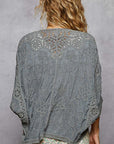 V-neck crochet woven roomy fit cardigan top- GREY