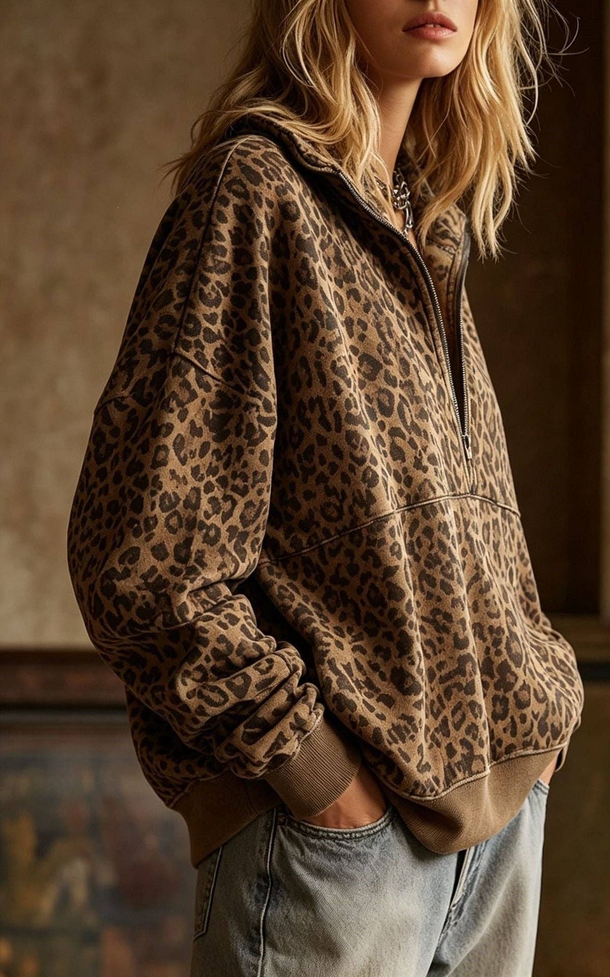 Leopard Print Half Zip Oversized Pullover Sweatshirt: Coffee / 95%Polyester+5%Elastane / XL