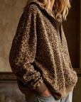 Leopard Print Half Zip Oversized Pullover Sweatshirt: Coffee / 95%Polyester+5%Elastane / XL