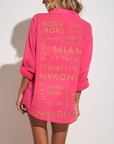 HOT PINK BRAPHIC BUTTON-UP SHIRT/COVERUP