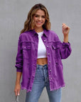 Hot Pink Distressed Denim Jacket Oversized Button Down: Khaki / 65% Cotton+35% Polyester / S