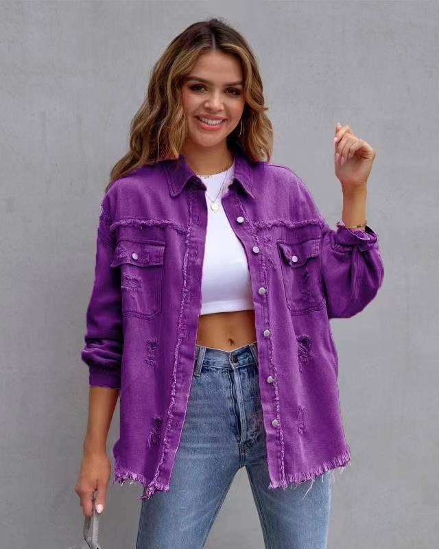 Hot Pink Distressed Denim Jacket Oversized Button Down: Light Gray / 65% Cotton+35% Polyester / L