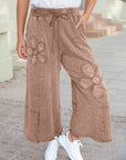 Floral Patch Mineral Wash Terry Knit Cropped Wide Leg Pants: Buckskin