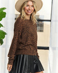 LEOPARD PRINT LONG SLEEVED CREW NECK TOP: BROWN