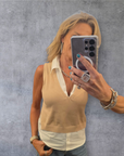 TAN/WHITE V-NECK SLVLESS SWEATER
