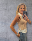 TAN/WHITE V-NECK SLVLESS SWEATER