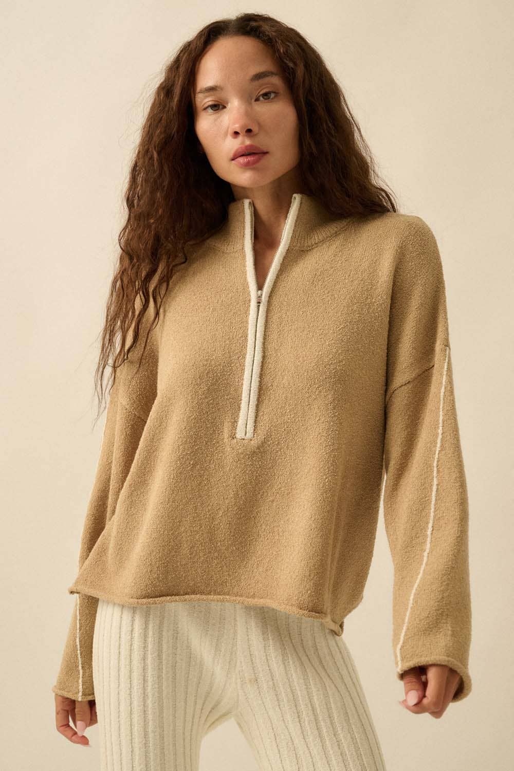 Textured Knit Half-Zip Mock-Neck Sweater: CREAM
