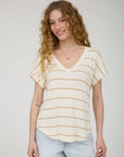 STRIPE V NECK CUFFED SHORT SLEEVE KNIT TOP: CREAM
